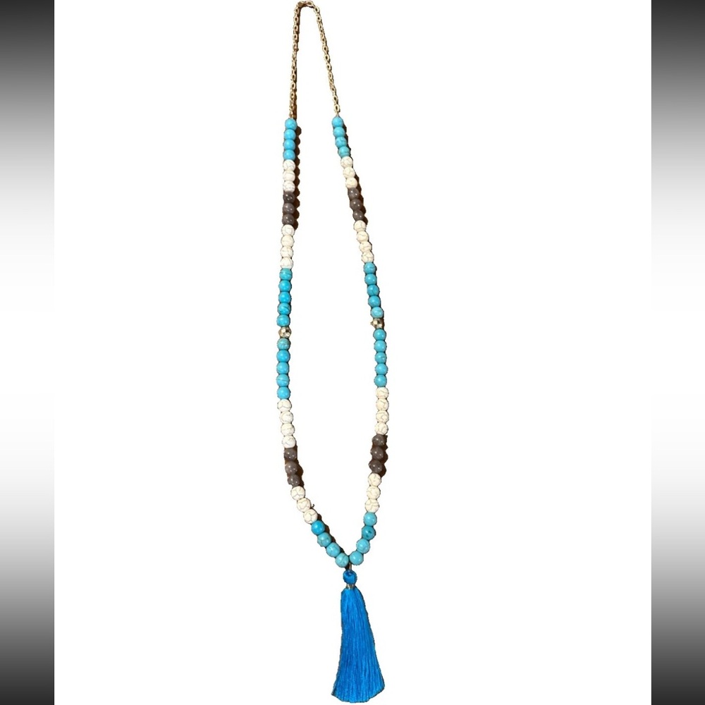 Blue and White Beaded Necklace with Tassel